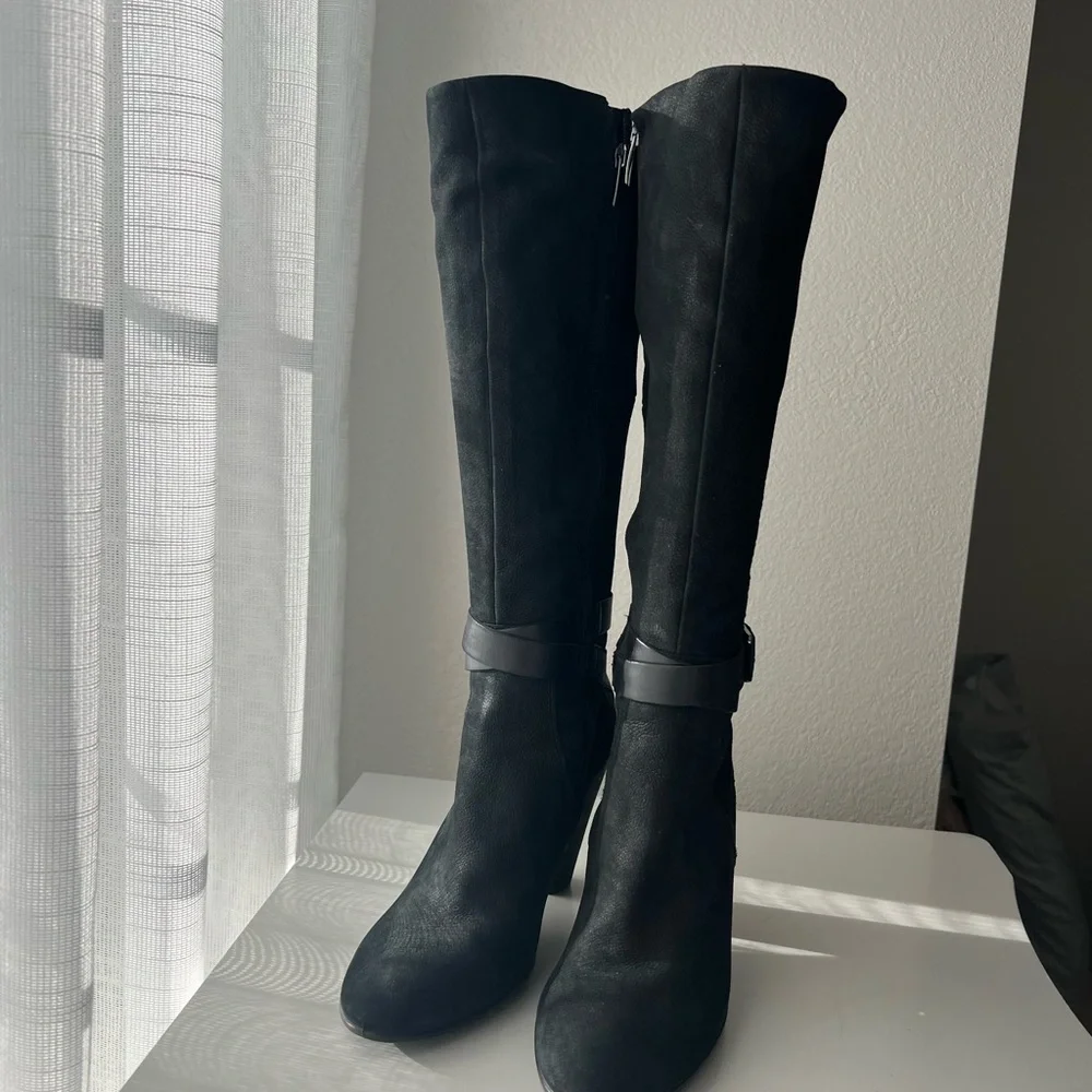 ECCO Womens 39 8 8.5 Tall Black Nubuck Leather Harness Riding Boots - Picture 3 of 5